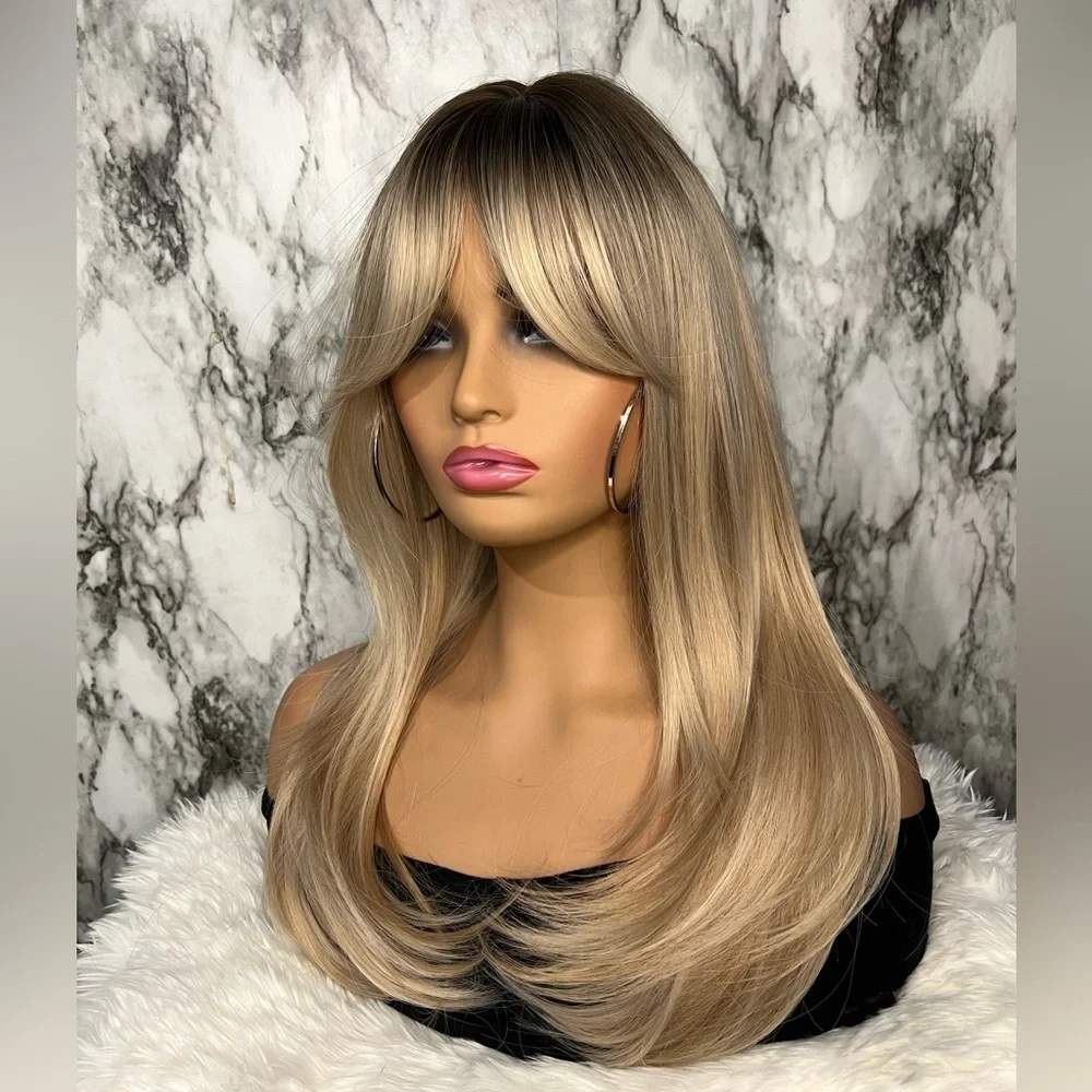 20 In Layered Dark roots Blonde Side Bangs Wig